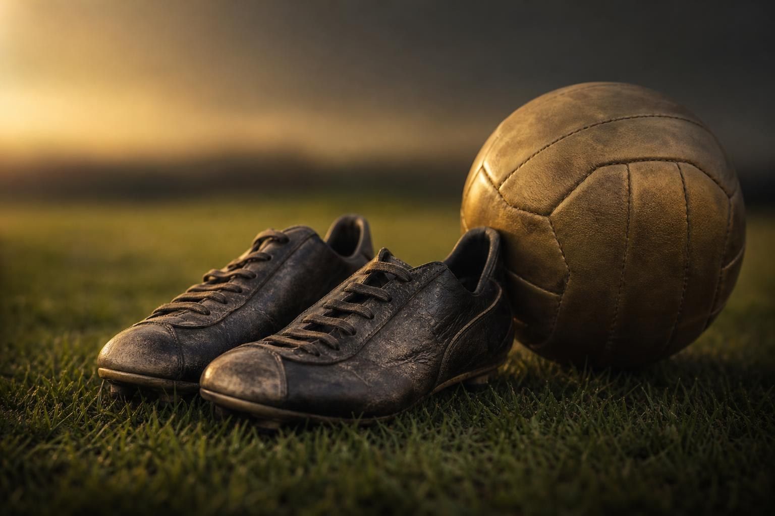 Worn football boots and a leather ball on fresh-cut grass (AI-generated image)