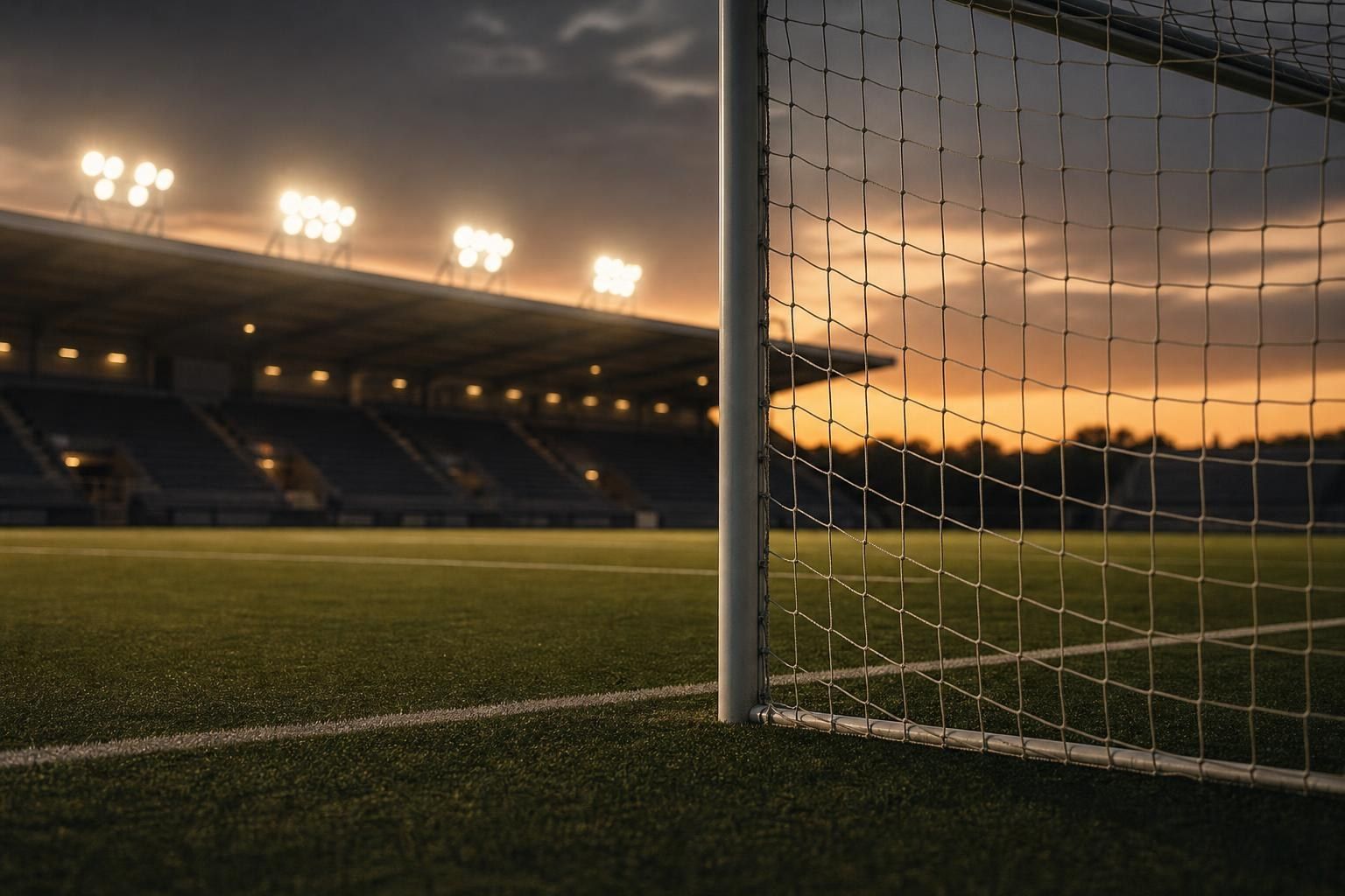 A floodlit football pitch at dusk, with a goal net in the foreground and empty stands behind (AI-generated image)