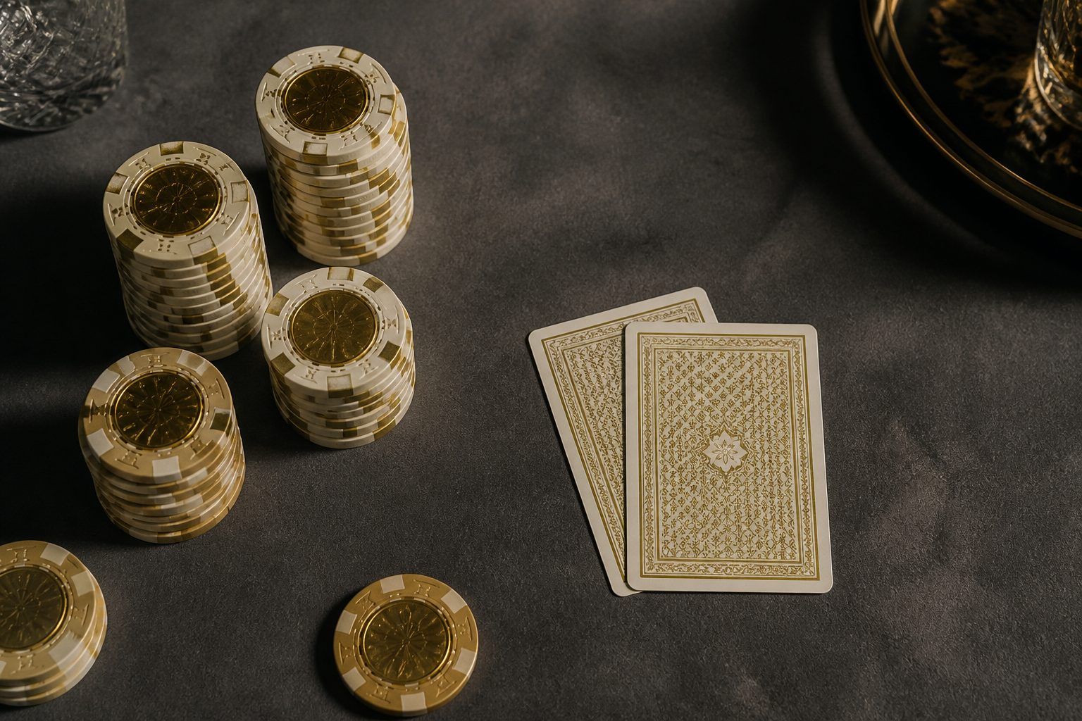 Graphite card table with champagne chips and two playing cards (AI-generated image)
