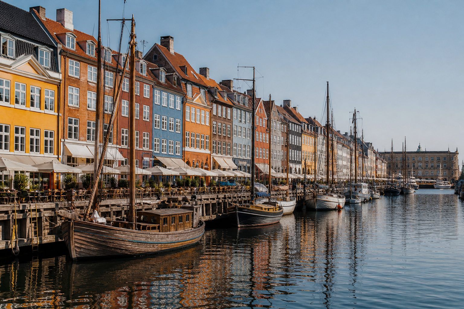 Colourful townhouses on a Copenhagen canal (AI-generated image)