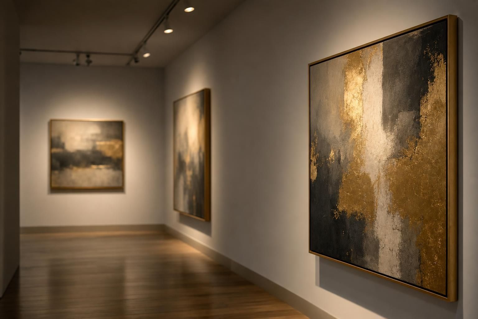 A quiet art gallery with framed abstract paintings on white walls (AI-generated image)