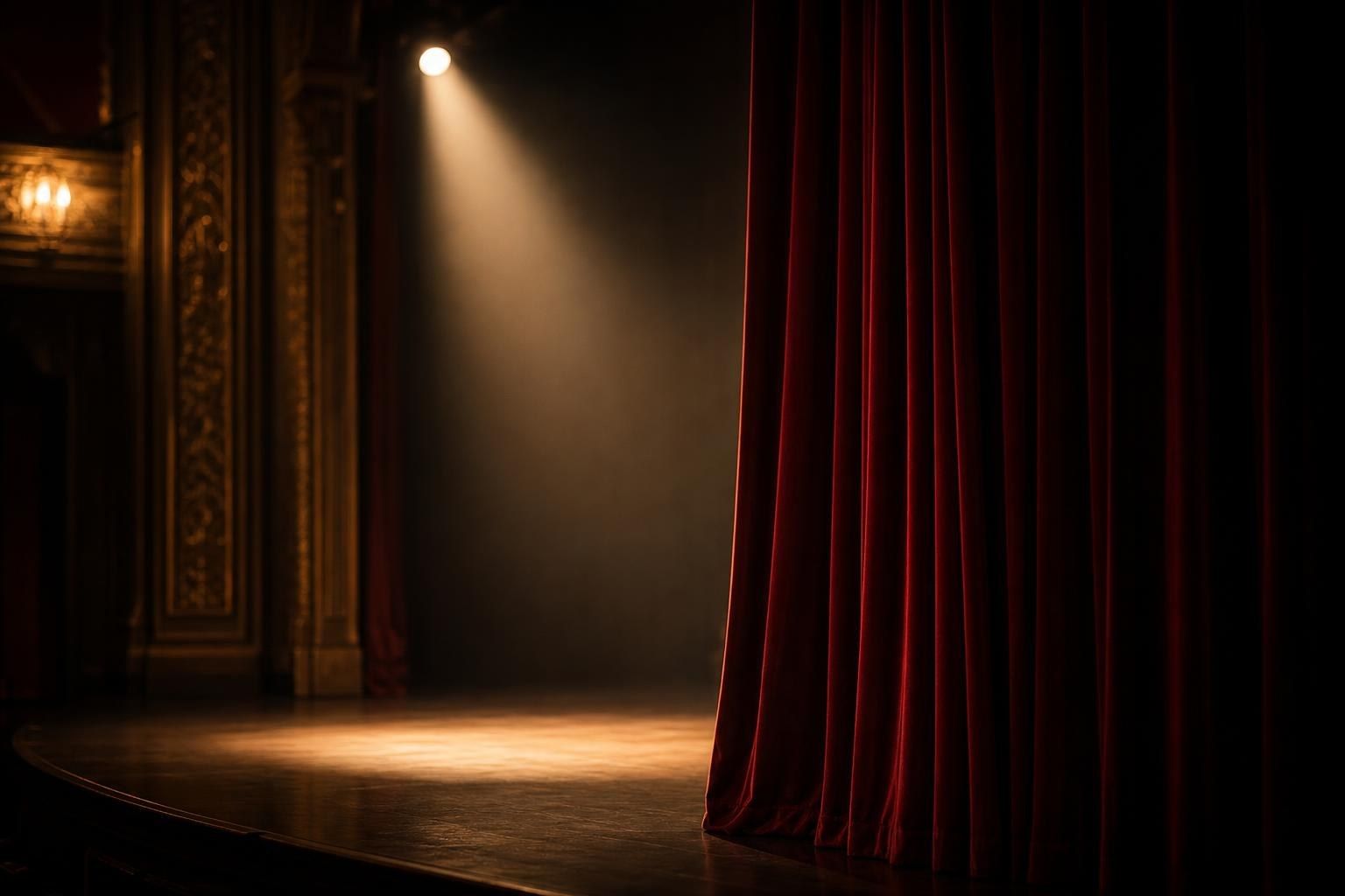An empty theatre stage with a deep red curtain half drawn under a single warm spotlight (AI-generated image)