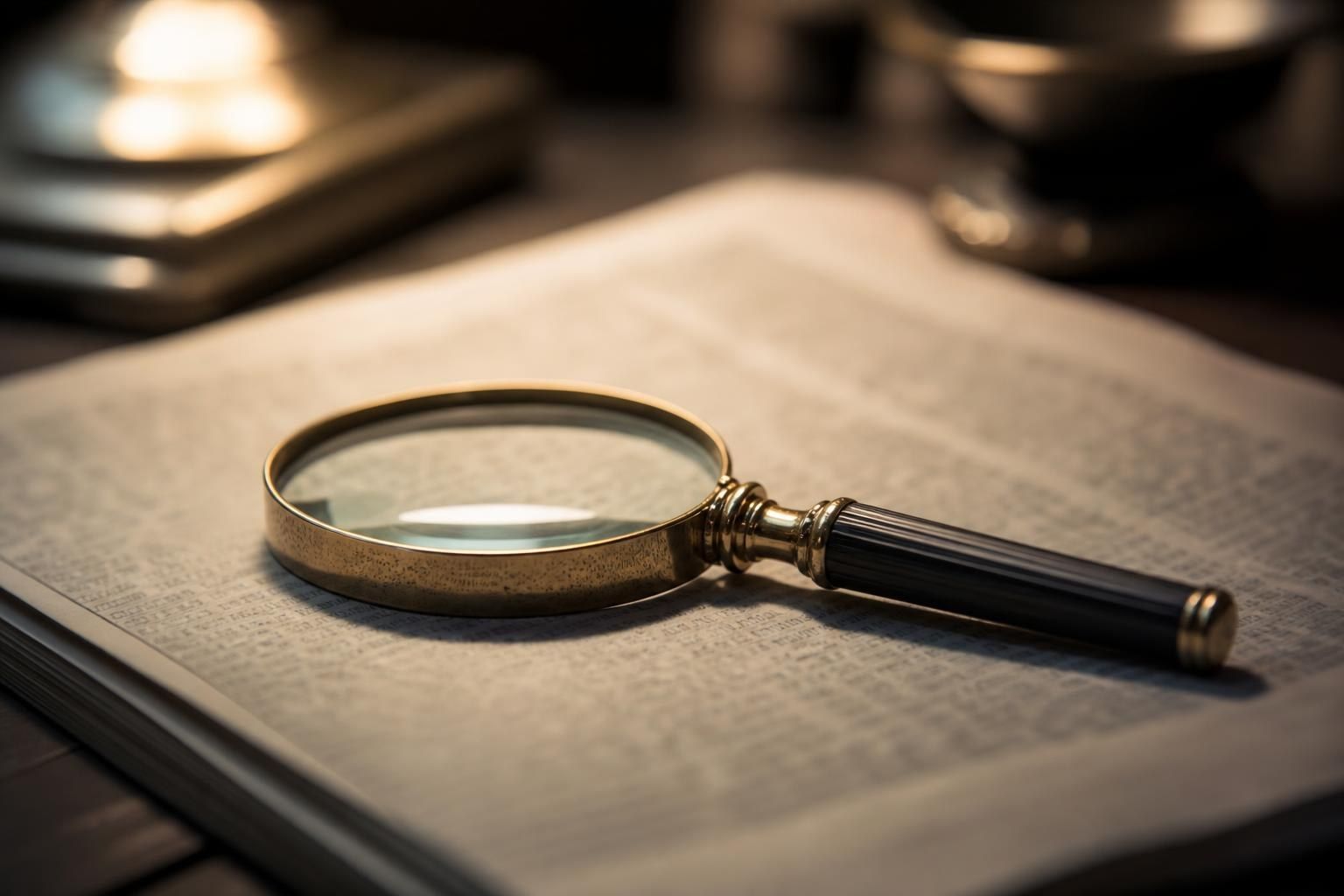 A magnifying glass lying on printed pages of small text (AI-generated image)