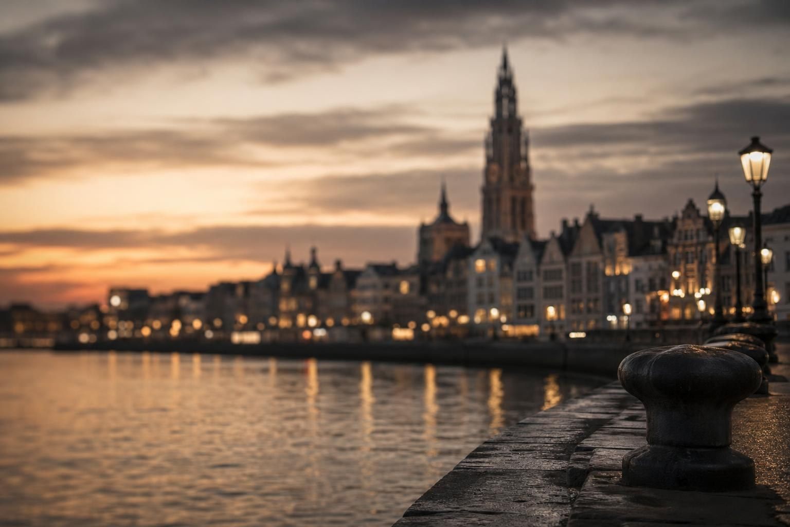 The Antwerp riverside on the Scheldt at dusk with a cathedral spire (AI-generated image)