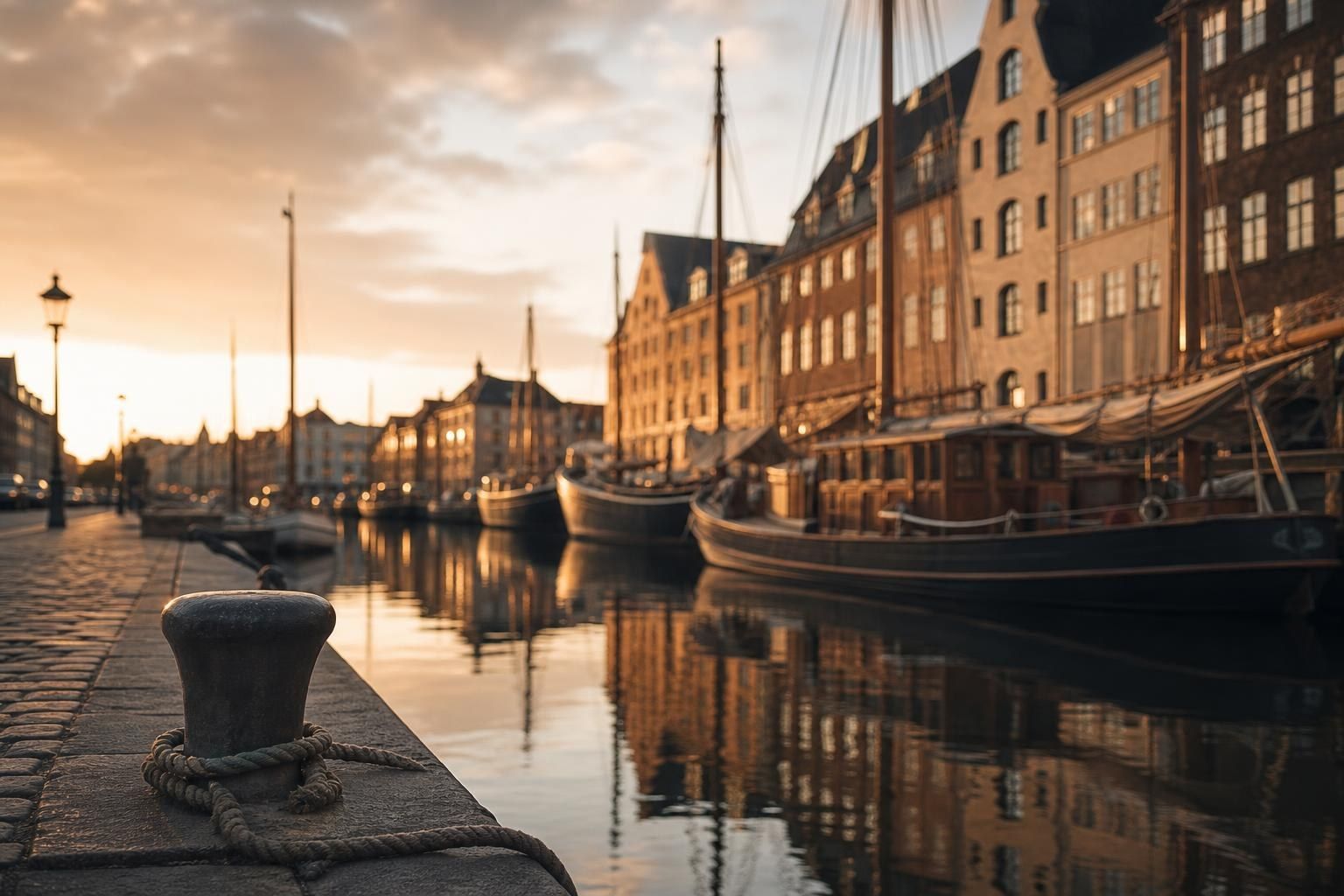 Wooden boats moored along the Copenhagen harbour front at golden hour (AI-generated image)