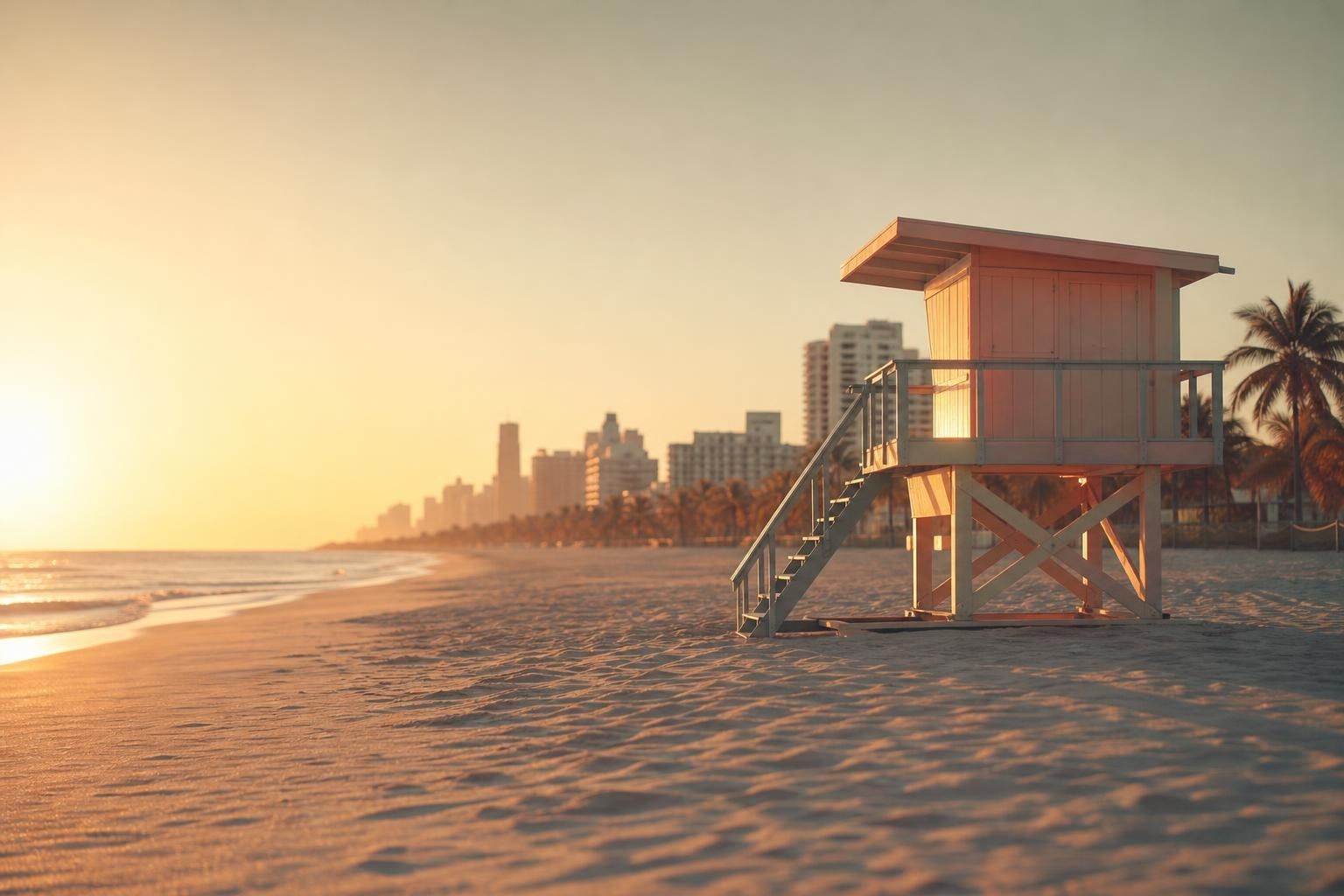 A pastel lifeguard tower on Miami Beach at sunrise (AI-generated image)