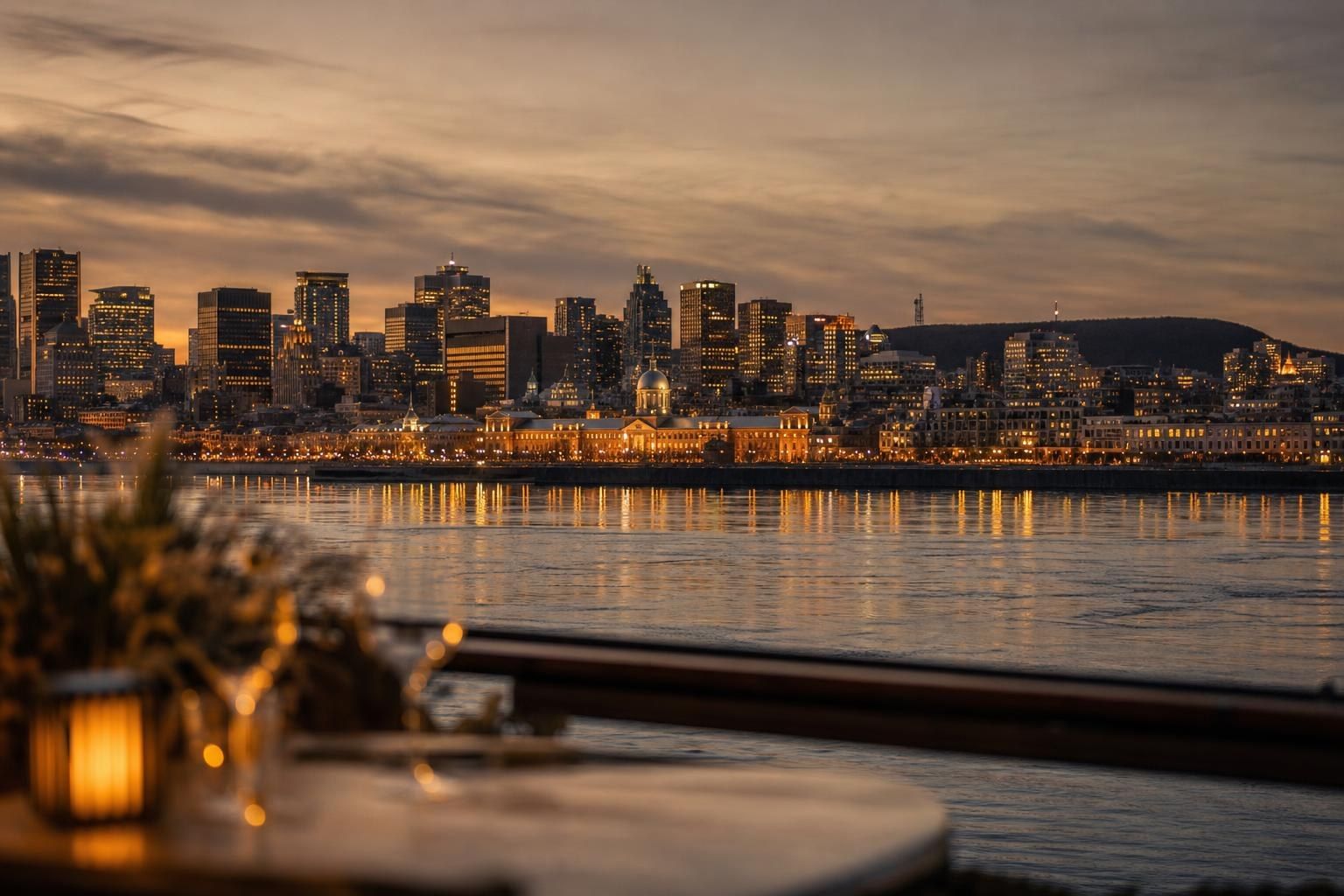The Montréal skyline at dusk across the St. Lawrence River (AI-generated image)