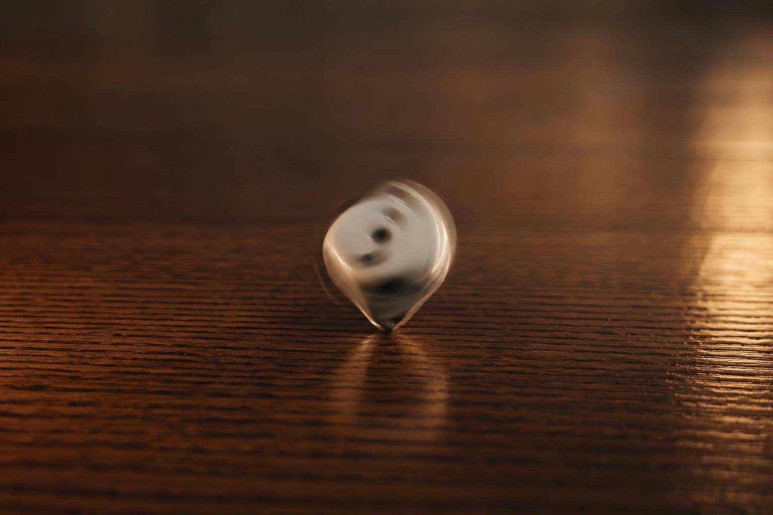 A single white die spinning on one corner on a dark wooden table, blurred by its motion (AI-generated image)