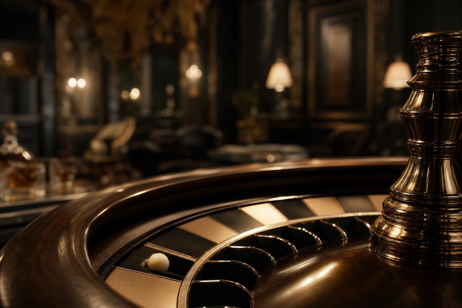 Close-up of a polished roulette wheel with the ivory ball resting in a black pocket and an ornate Belle Epoque salon blurred behind (AI-generated image)