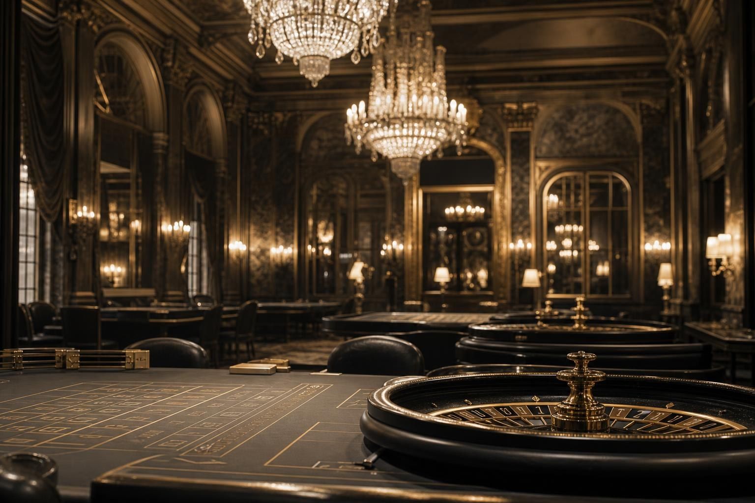 An ornate early twentieth-century casino gaming room with chandeliers and empty roulette tables (AI-generated image)