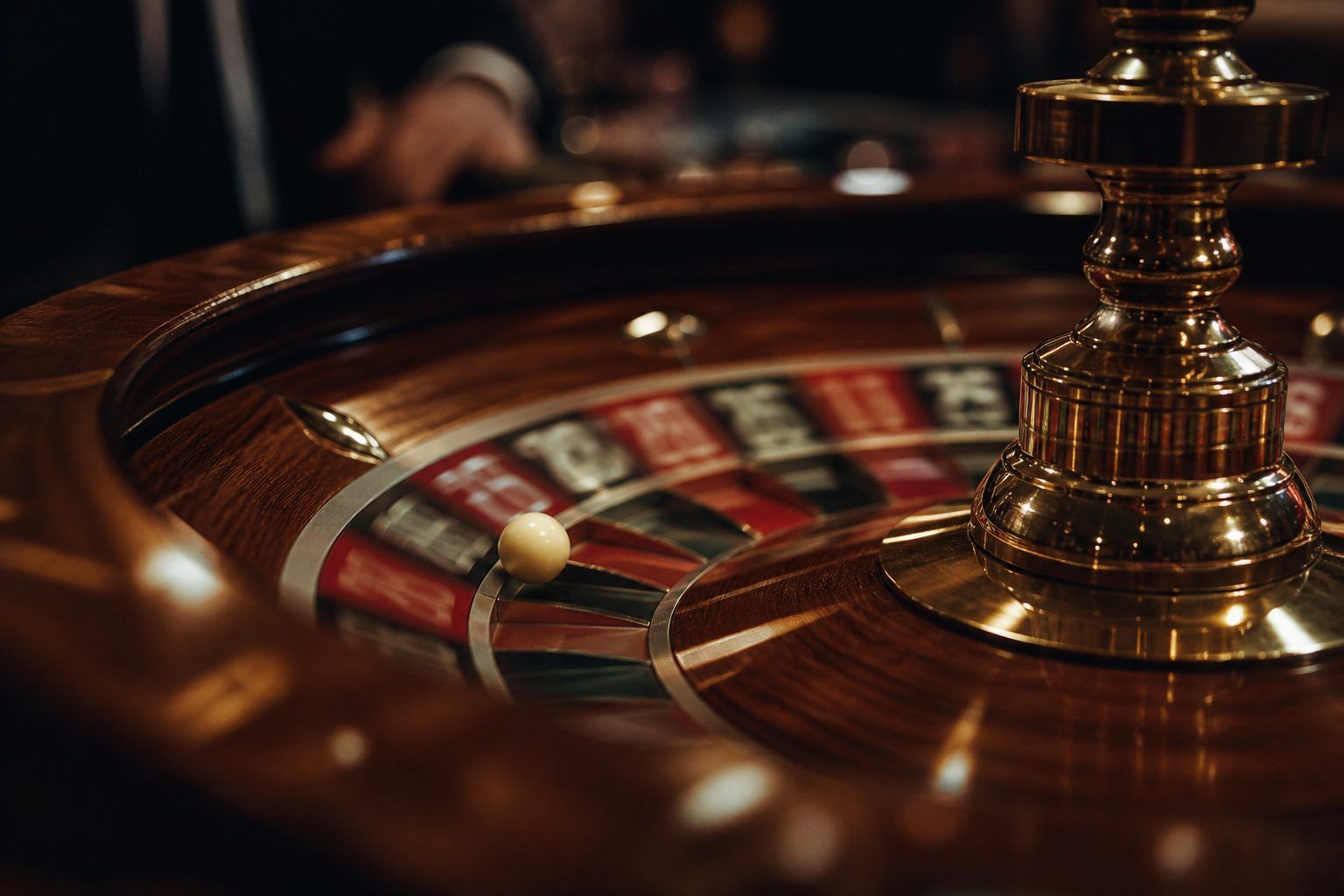 A walnut roulette wheel spinning with an ivory ball (AI-generated image)