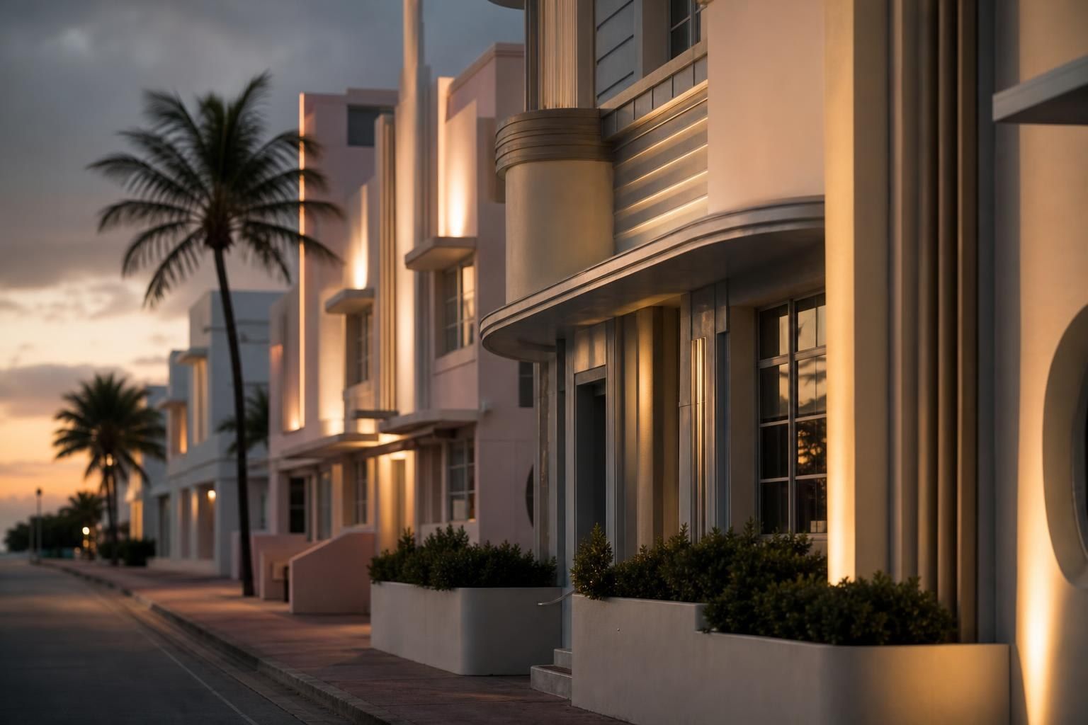 Art Deco hotel facades on a Miami Beach street at dusk (AI-generated image)
