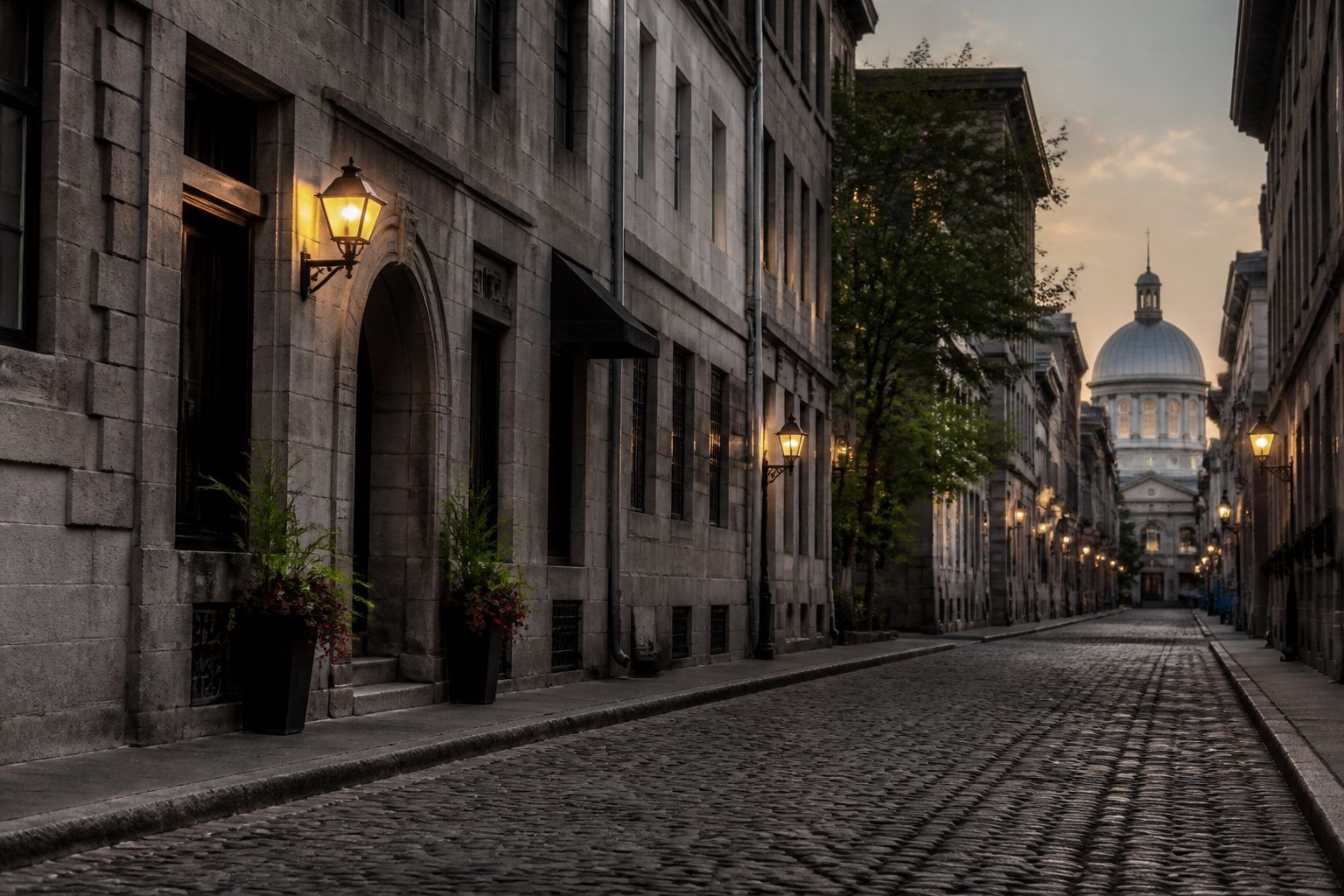 A cobblestone street in Old Montréal at dusk (AI-generated image)