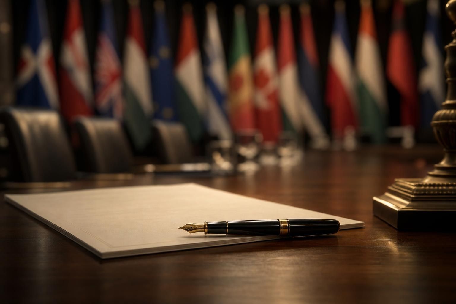 A printed document and a fountain pen on a wooden conference table (AI-generated image)