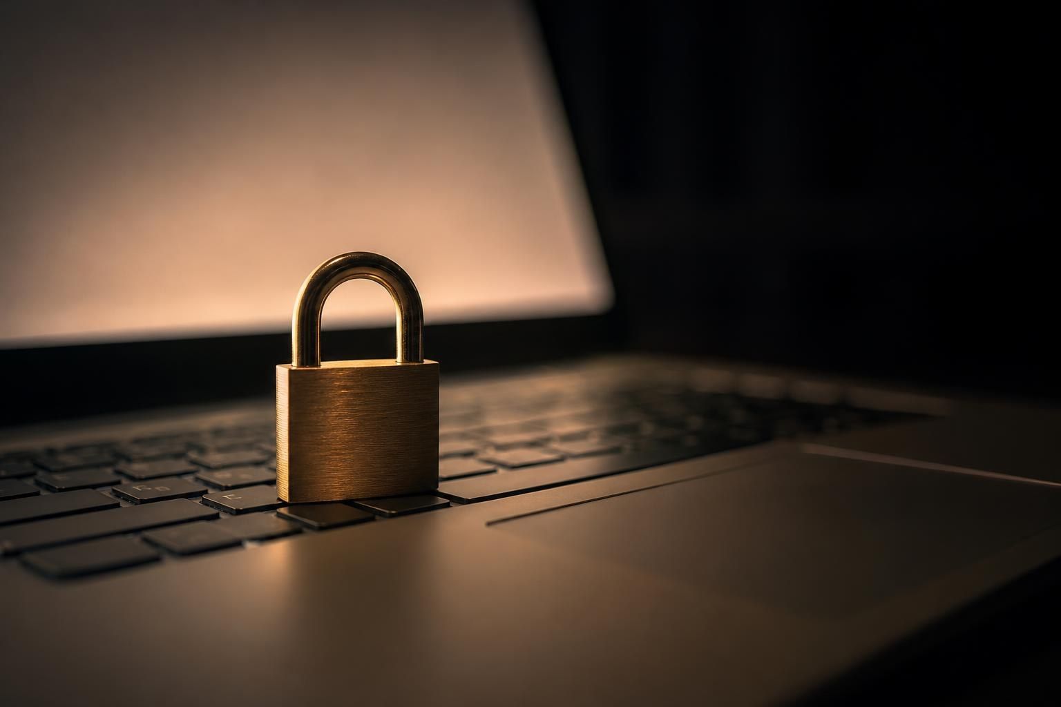 A small brass padlock resting on a laptop keyboard (AI-generated image)