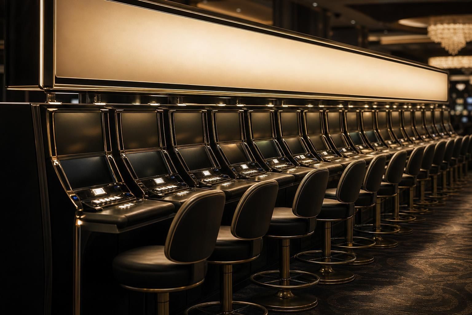 A long bank of linked slot machines under one large glowing overhead display in a dim, empty casino hall (AI-generated image)