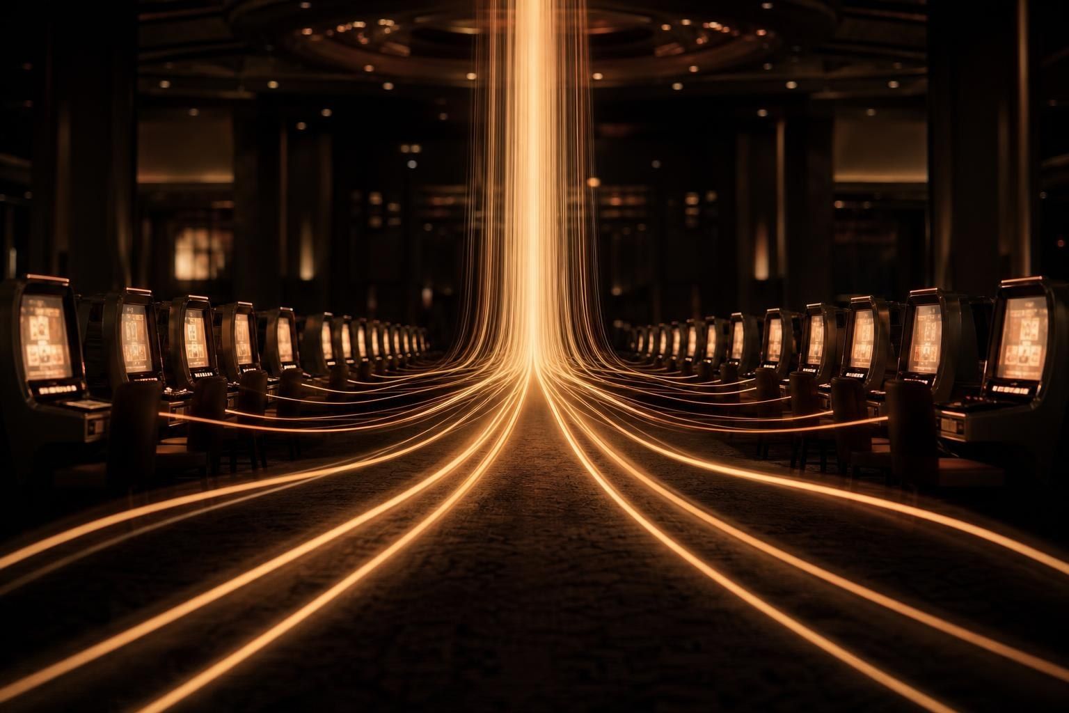 Streams of warm light running from two rows of slot cabinets in a dark hall and joining in one tall column in the centre (AI-generated image)