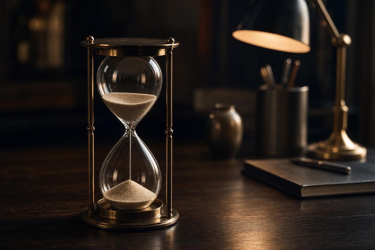 An hourglass on a dark wooden desk with sand gathering in the lower bulb (AI-generated image)