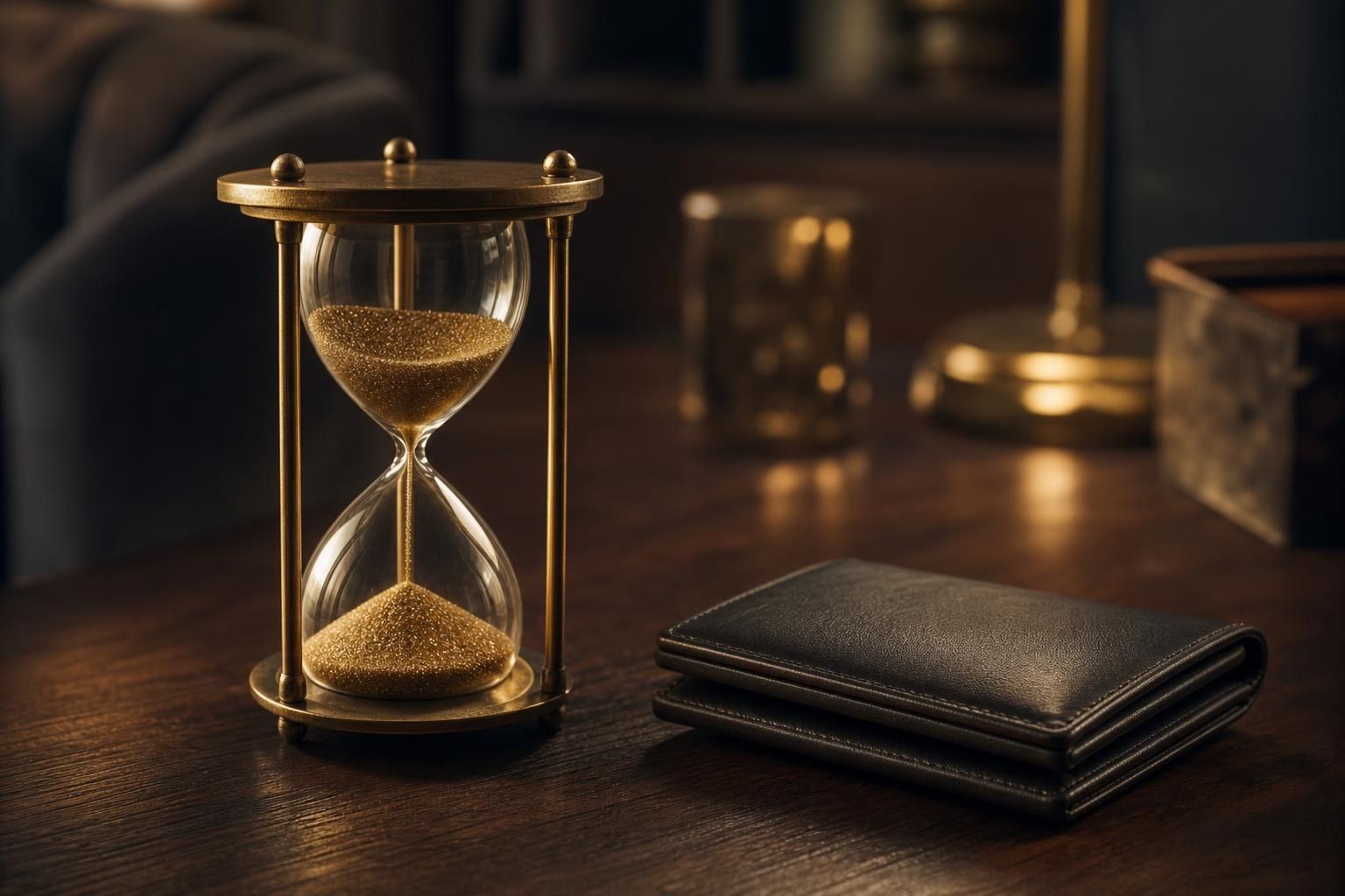 An hourglass with golden sand beside a closed leather wallet (AI-generated image)