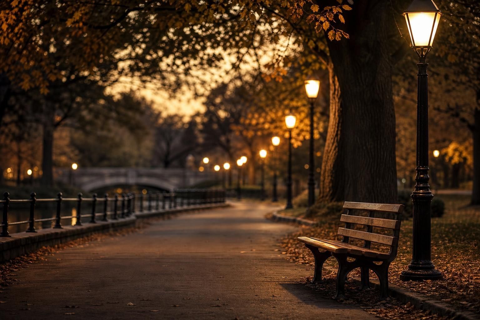 A quiet park path in autumn with street lamps just switched on (AI-generated image)