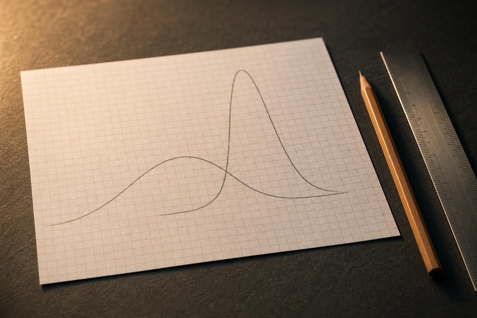 A sheet of graph paper with two hand-drawn pencil curves, one low and wide, one tall and narrow, beside a pencil and a steel ruler on a graphite desk (AI-generated image)