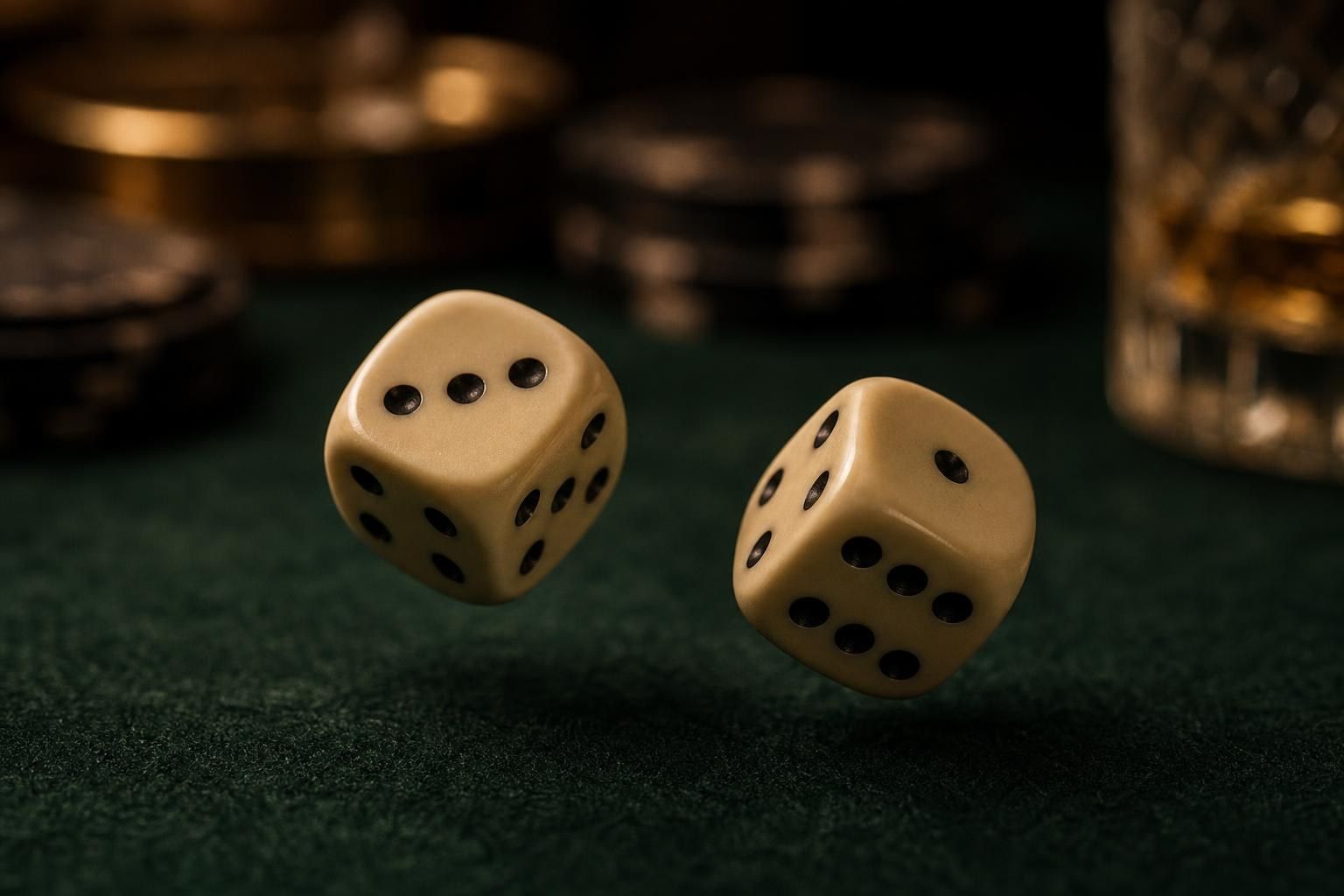 Two ivory dice tumbling over dark green felt, frozen in mid-roll (AI-generated image)