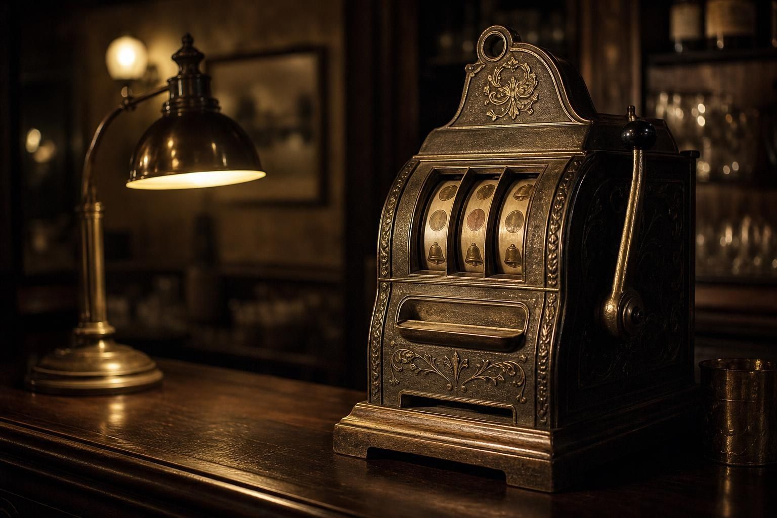 A vintage cast-iron three-reel slot machine from around 1900 on a dark wooden bar counter, lit by a single brass lamp (AI-generated image)