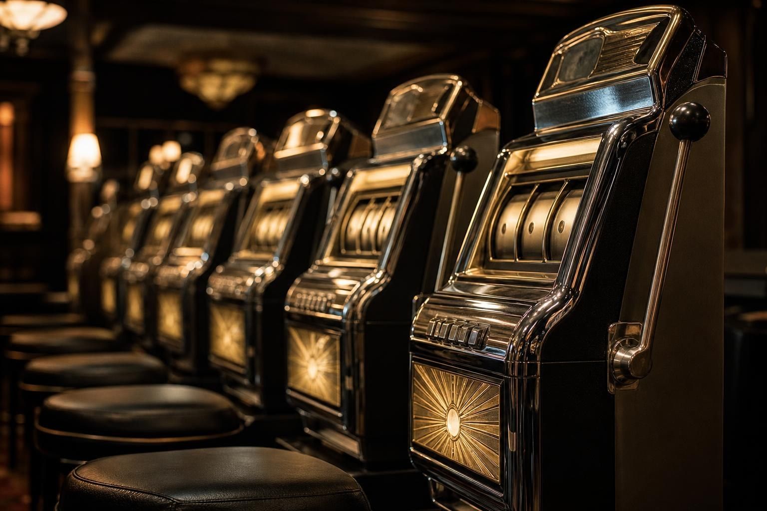 A row of 1960s electromechanical slot machines with chrome trim and pull handles in a dim, empty gaming hall (AI-generated image)