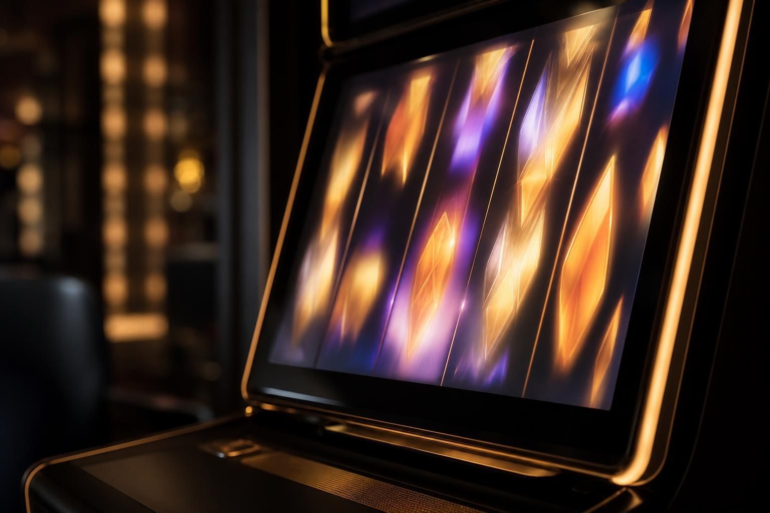 The glowing screen of a modern video slot cabinet seen at an angle in a dark room, with abstract colourful light shapes (AI-generated image)