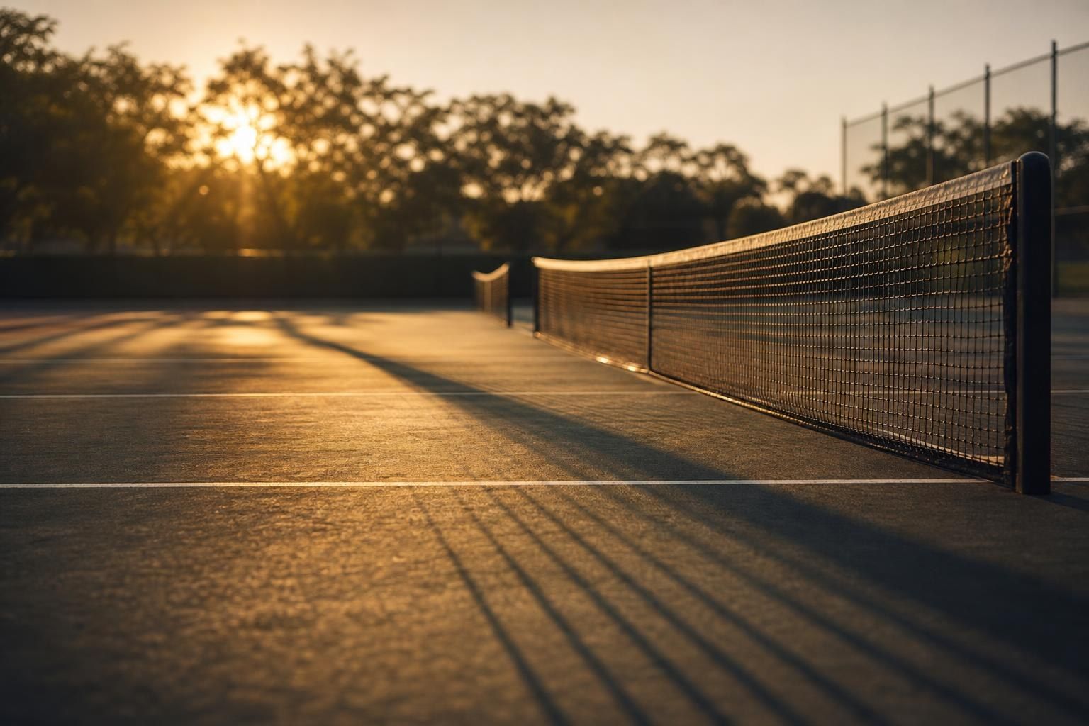 An empty tennis court at sunrise with long shadows from the net (AI-generated image)