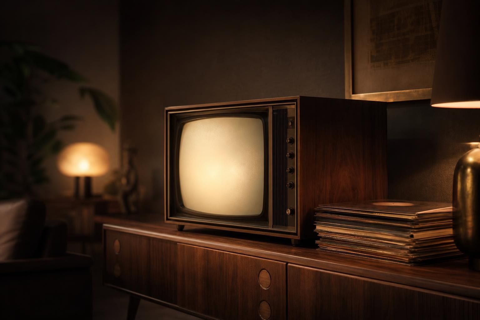 A 1970s television set and a stack of vinyl records on a walnut sideboard, the screen glowing softly in a dark living room (AI-generated image)