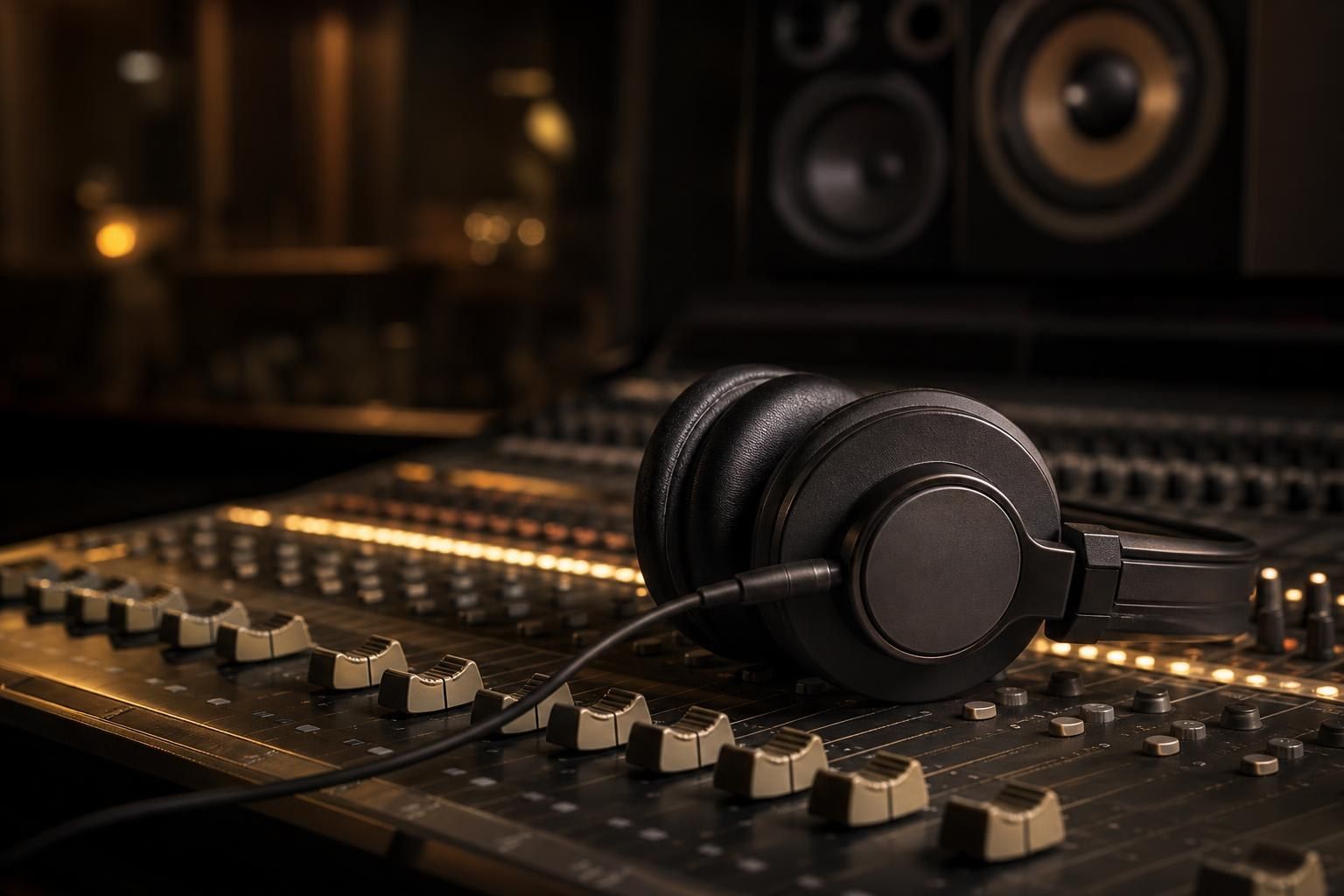 Studio headphones resting on a mixing desk with softly glowing faders in a dark recording room (AI-generated image)