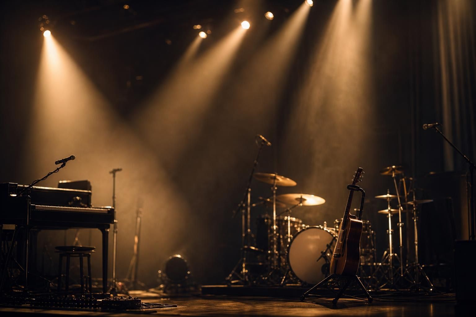 An empty concert stage before a show, with beams of warm spotlight cutting through haze and instruments on stands (AI-generated image)